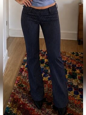 Vintage Striped Flared Low-Rise Pants - Black & White Pinstripe